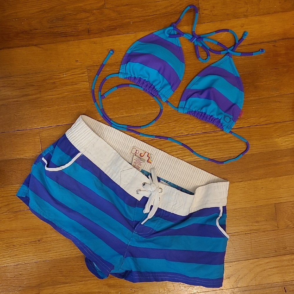 Op Swim Blue and Purple Striped Bikini Boy Short Set